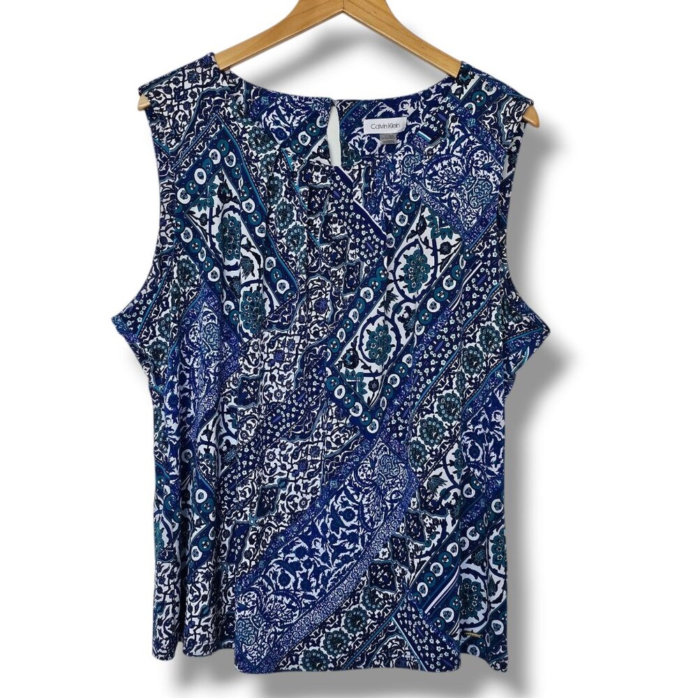 Calvin Kleinβ Sleeveless Blouse Size 2X Shell Top Blue White Floral Stretch Work